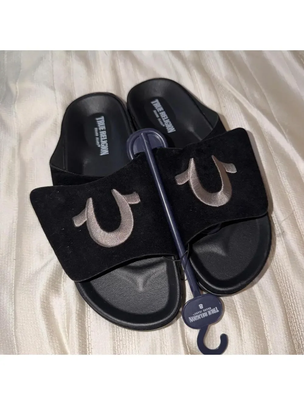 True Religion Men's TR-Biggy-PBS Black Logo Sandals adjustable top strap Size 8